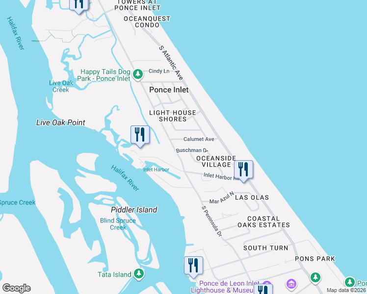 map of restaurants, bars, coffee shops, grocery stores, and more near 90 Buschman Drive in Port Orange