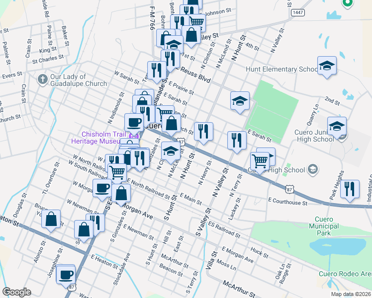 map of restaurants, bars, coffee shops, grocery stores, and more near 311 East Broadway Street in Cuero