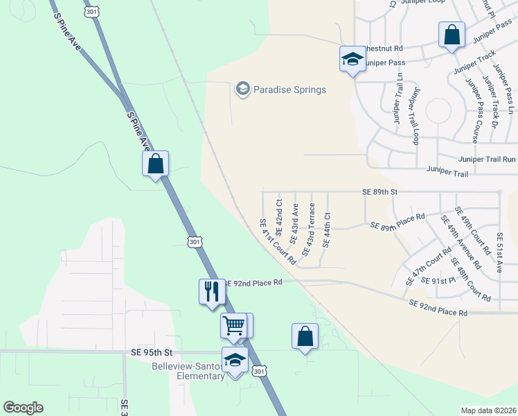 map of restaurants, bars, coffee shops, grocery stores, and more near Southeast 41st Court Road in Ocala