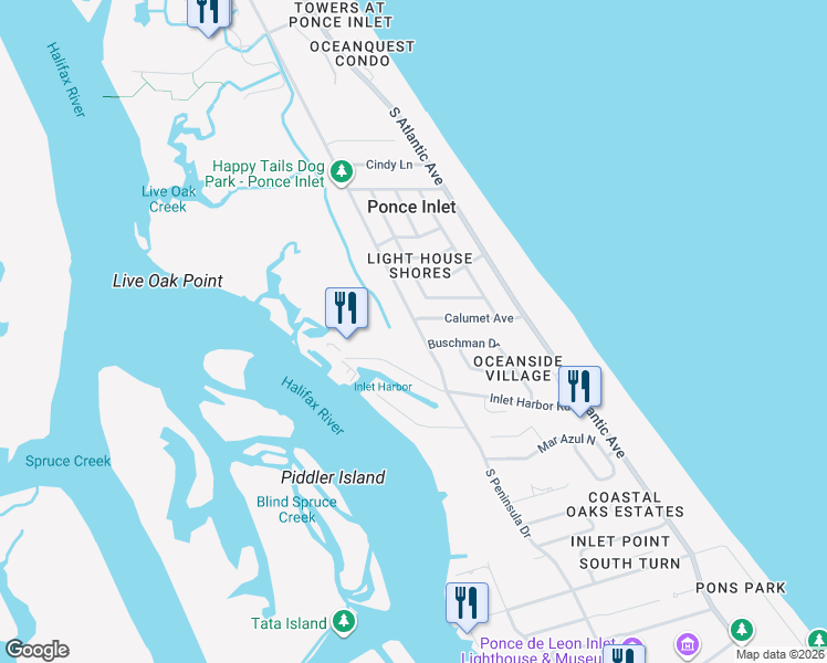 map of restaurants, bars, coffee shops, grocery stores, and more near 4767 South Peninsula Drive in Ponce Inlet