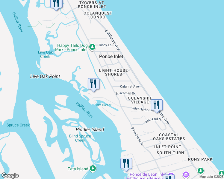 map of restaurants, bars, coffee shops, grocery stores, and more near 4767 South Peninsula Drive in Ponce Inlet