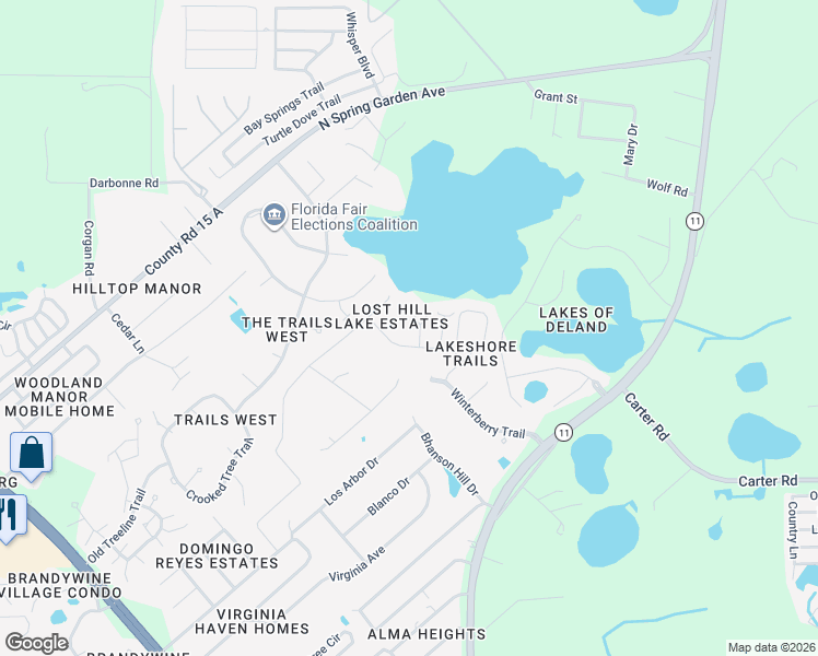map of restaurants, bars, coffee shops, grocery stores, and more near 803 Bay Tree Circle in DeLand
