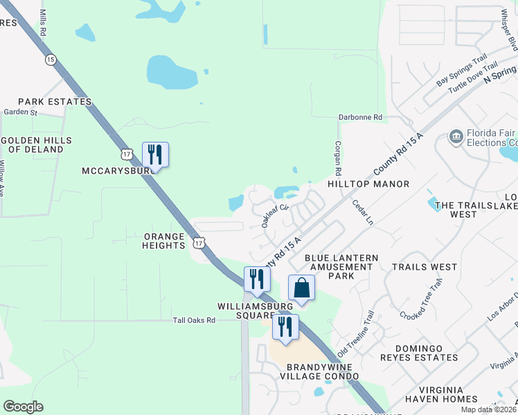 map of restaurants, bars, coffee shops, grocery stores, and more near 250 Palm Cove Drive in DeLand