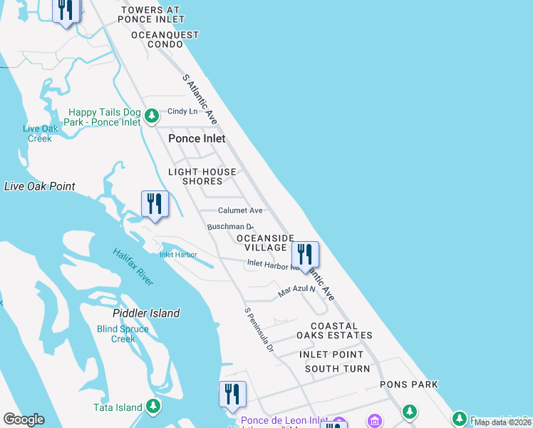 map of restaurants, bars, coffee shops, grocery stores, and more near in Ponce Inlet