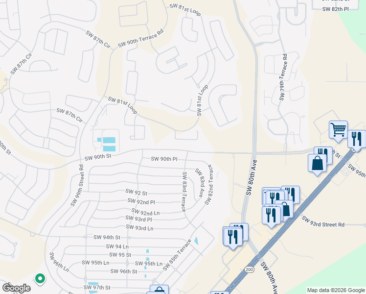 map of restaurants, bars, coffee shops, grocery stores, and more near 8399 Southwest 90th Street in Ocala