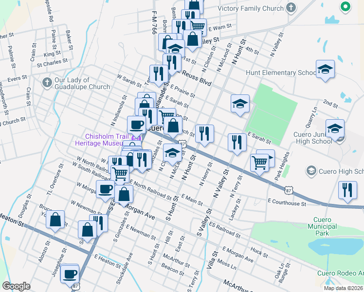 map of restaurants, bars, coffee shops, grocery stores, and more near 311 East Broadway Street in Cuero