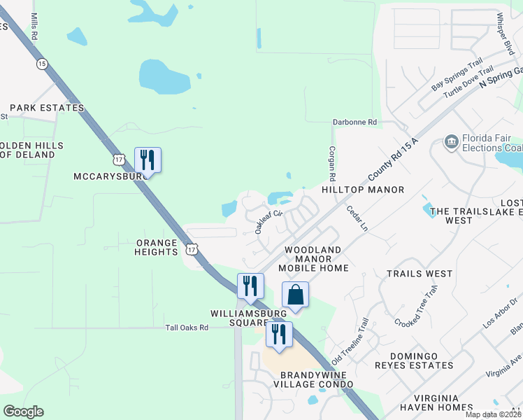 map of restaurants, bars, coffee shops, grocery stores, and more near 250 Palm Cove Drive in DeLand