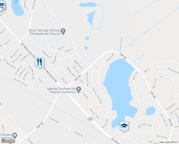 map of restaurants, bars, coffee shops, grocery stores, and more near 3 Oak Court Pass in Ocala