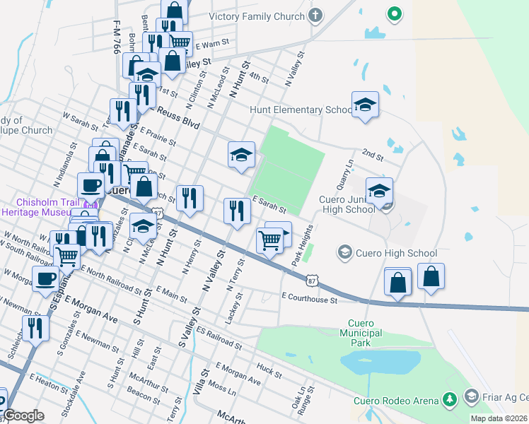map of restaurants, bars, coffee shops, grocery stores, and more near 701 North Terry Street in Cuero