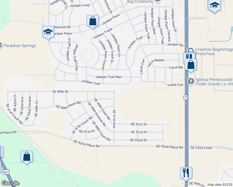 map of restaurants, bars, coffee shops, grocery stores, and more near 8959 Southeast 51st Avenue in Ocala