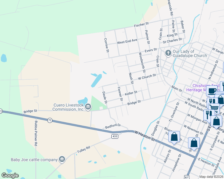 map of restaurants, bars, coffee shops, grocery stores, and more near 118 Milligan Street in Cuero