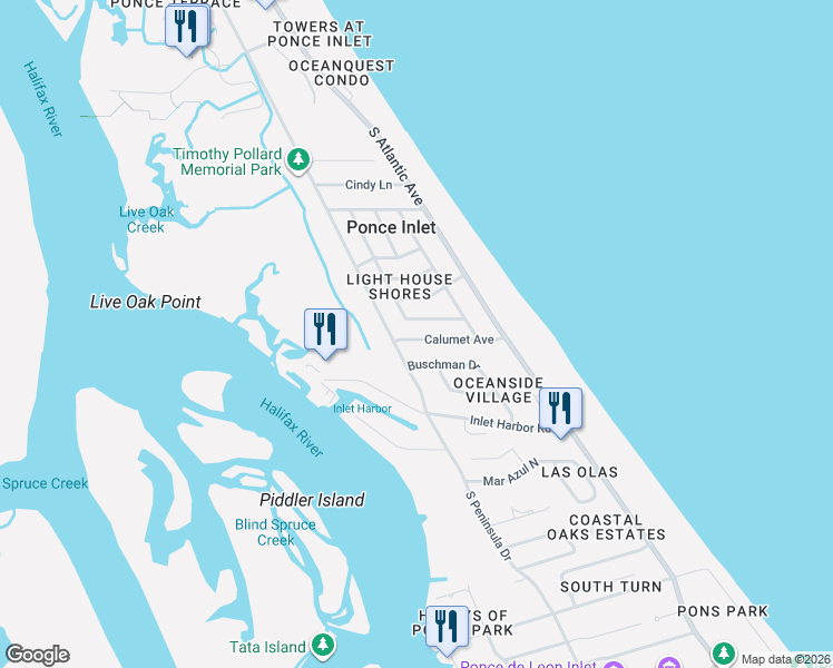 map of restaurants, bars, coffee shops, grocery stores, and more near 75 Calumet Avenue in Ponce Inlet