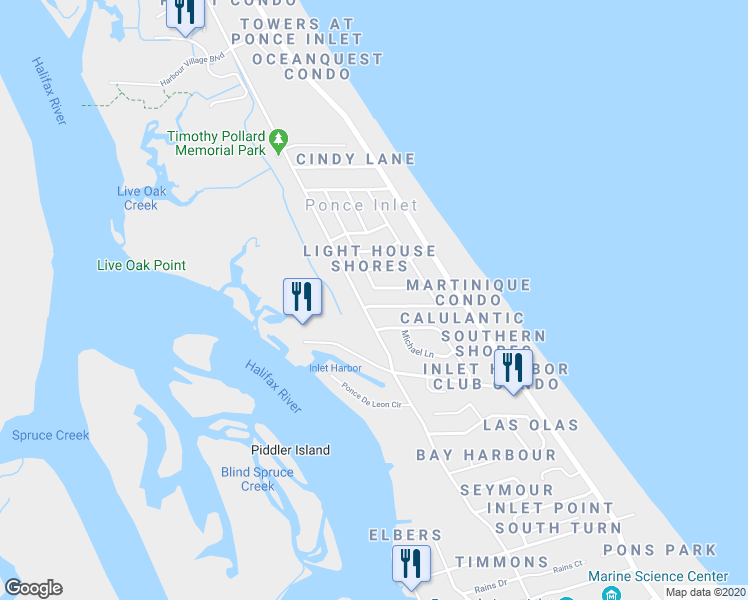 map of restaurants, bars, coffee shops, grocery stores, and more near 88 Calumet Avenue in Ponce Inlet
