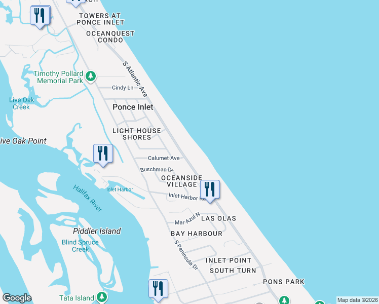 map of restaurants, bars, coffee shops, grocery stores, and more near in Ponce Inlet