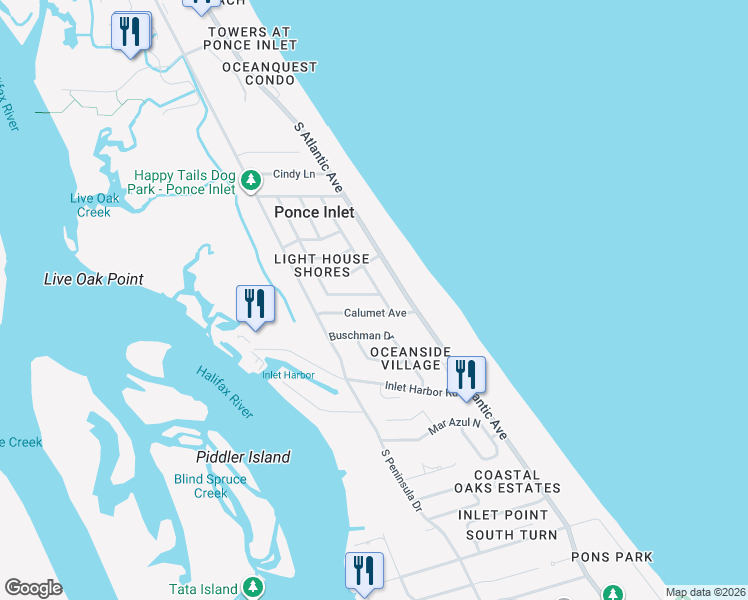 map of restaurants, bars, coffee shops, grocery stores, and more near 63 Calumet Avenue in Ponce Inlet