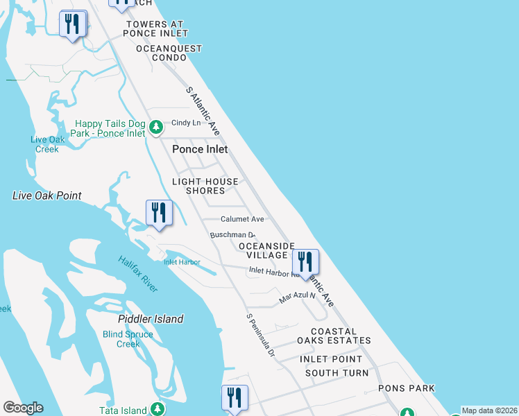 map of restaurants, bars, coffee shops, grocery stores, and more near 63 Calumet Avenue in Ponce Inlet