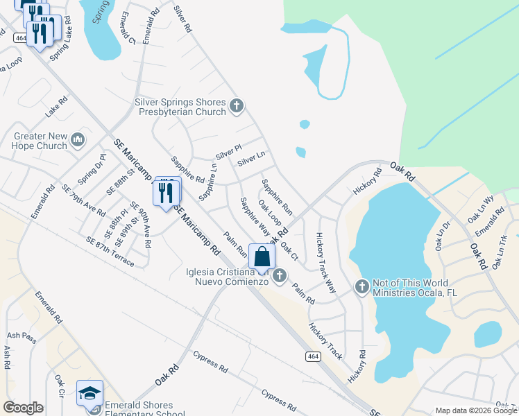 map of restaurants, bars, coffee shops, grocery stores, and more near 22 Oak Loop in Ocala