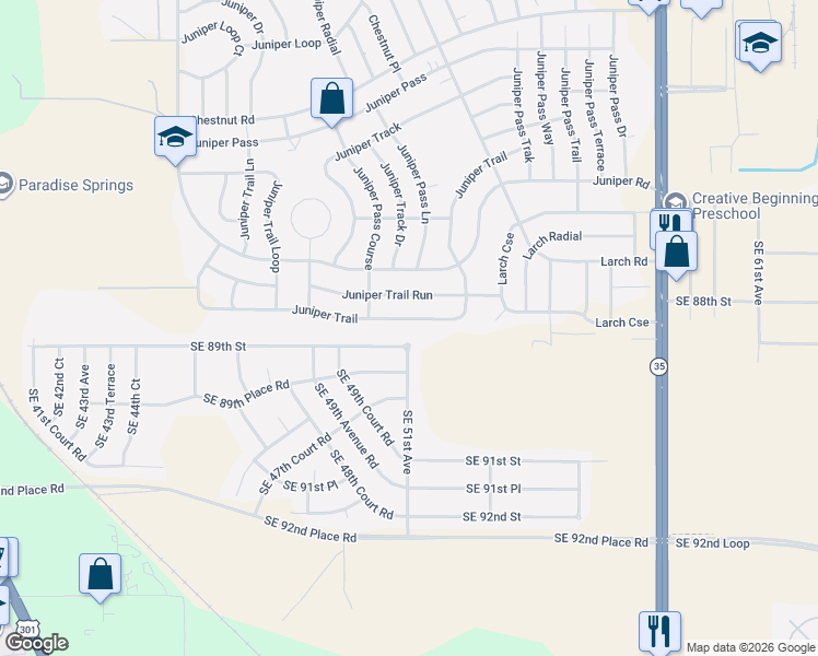 map of restaurants, bars, coffee shops, grocery stores, and more near 72 Juniper Trail in Ocala