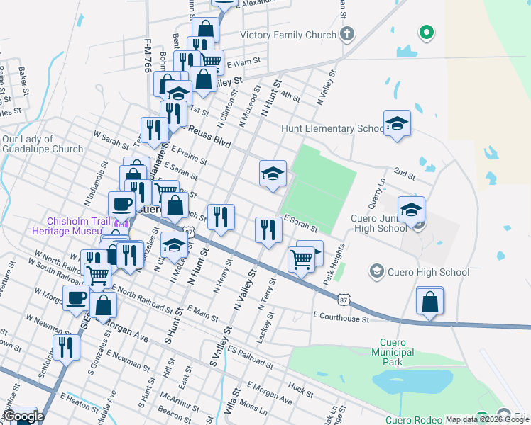 map of restaurants, bars, coffee shops, grocery stores, and more near 609 East Sarah Street in Cuero