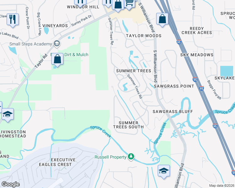 map of restaurants, bars, coffee shops, grocery stores, and more near 6012 Whispering Trees Lane in Port Orange