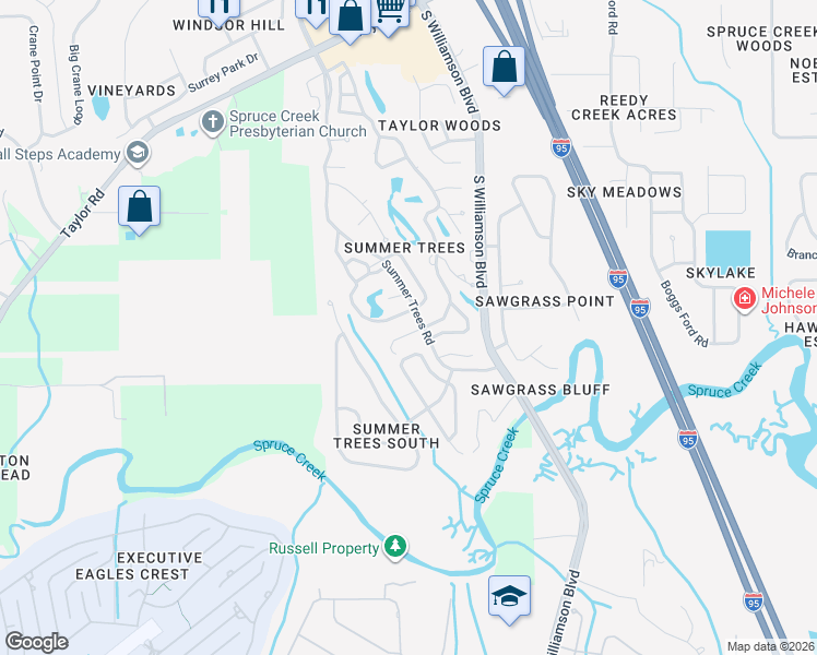 map of restaurants, bars, coffee shops, grocery stores, and more near 121 Crooked Pine Road in Port Orange