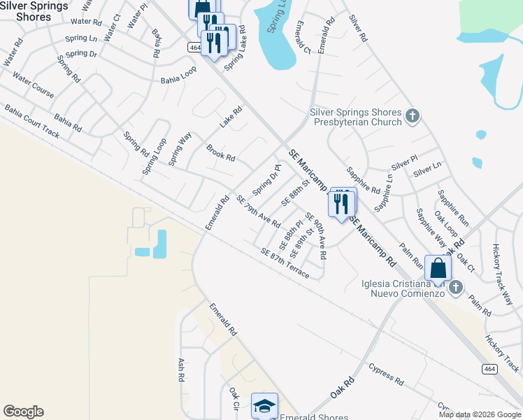 map of restaurants, bars, coffee shops, grocery stores, and more near 3 Spring Lane Way in Ocala