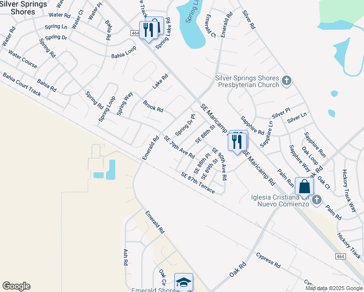 map of restaurants, bars, coffee shops, grocery stores, and more near 1 Spring Lane Way in Ocala