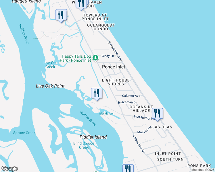 map of restaurants, bars, coffee shops, grocery stores, and more near 4746 South Peninsula Drive in Ponce Inlet