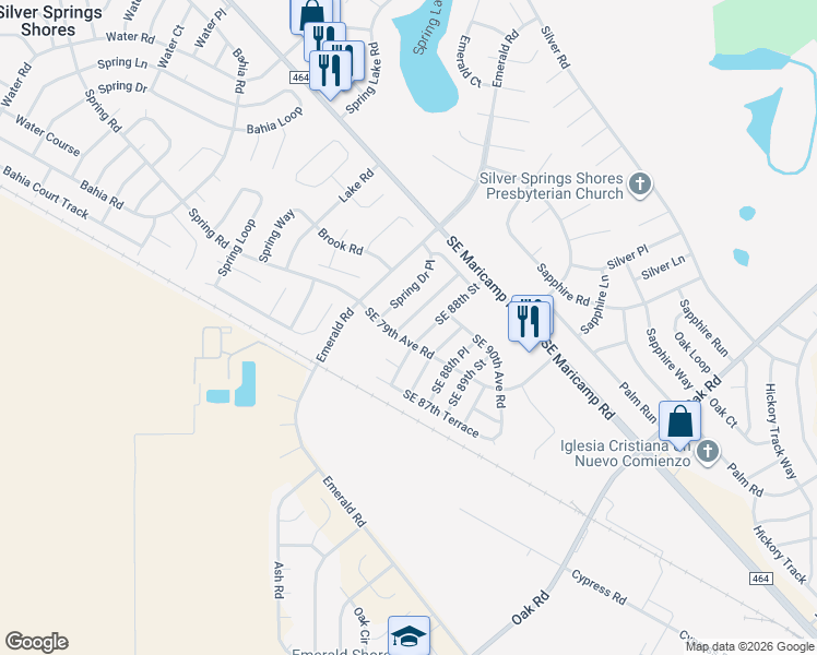 map of restaurants, bars, coffee shops, grocery stores, and more near 3 Spring Lane Way in Ocala