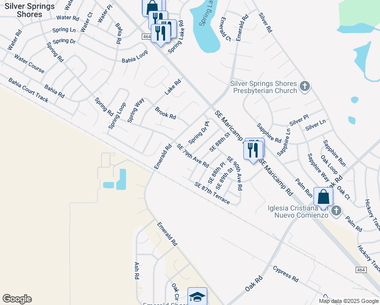 map of restaurants, bars, coffee shops, grocery stores, and more near 2 Spring Lane Way in Ocala