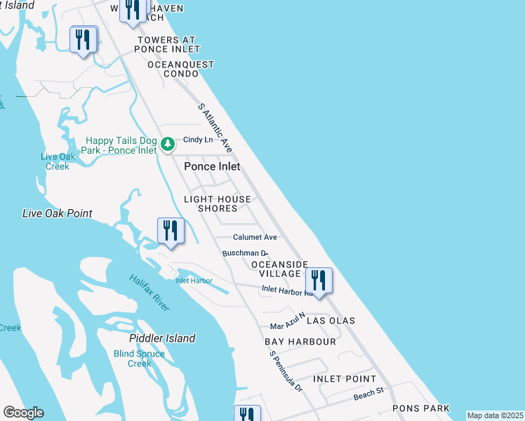 map of restaurants, bars, coffee shops, grocery stores, and more near 4746 South Atlantic Avenue in Ponce Inlet
