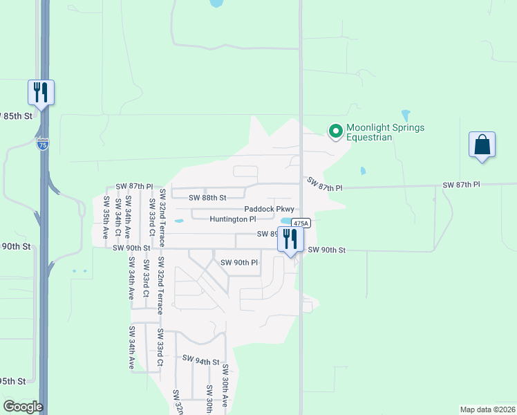map of restaurants, bars, coffee shops, grocery stores, and more near Paddock Parkway in Ocala