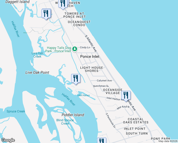 map of restaurants, bars, coffee shops, grocery stores, and more near 4748 Dixie Drive in Ponce Inlet