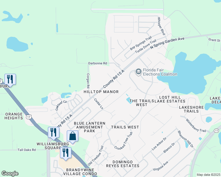 map of restaurants, bars, coffee shops, grocery stores, and more near 460 Hilltop Court in DeLand
