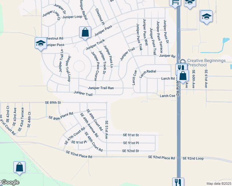 map of restaurants, bars, coffee shops, grocery stores, and more near 61 Juniper Trail in Ocala