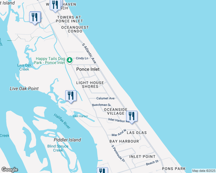 map of restaurants, bars, coffee shops, grocery stores, and more near 4746 South Atlantic Avenue in Ponce Inlet