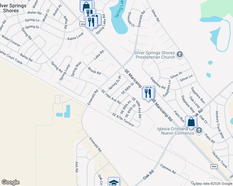 map of restaurants, bars, coffee shops, grocery stores, and more near 3 Spring Lane Way in Ocala