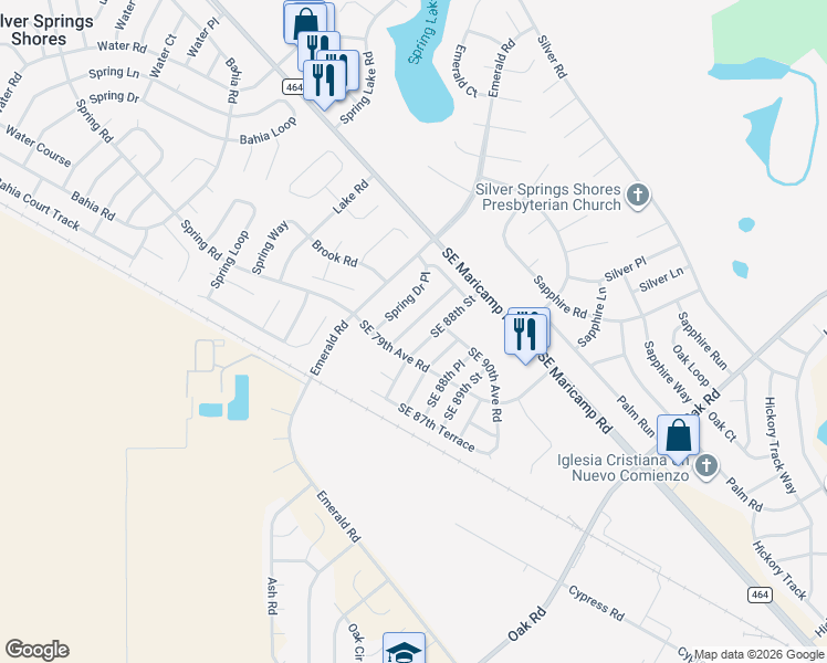 map of restaurants, bars, coffee shops, grocery stores, and more near 3 Spring Lane Way in Ocala