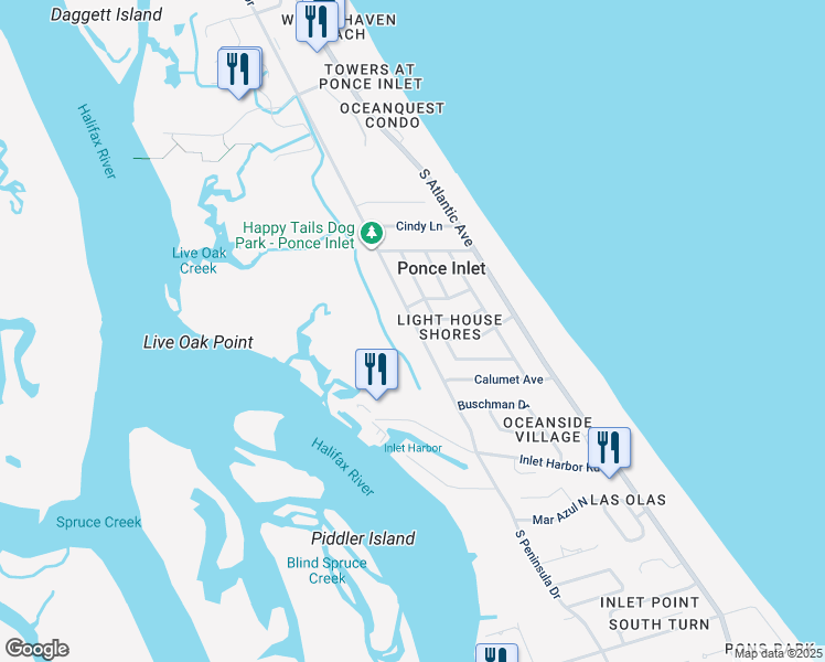 map of restaurants, bars, coffee shops, grocery stores, and more near 4746 South Peninsula Drive in Ponce Inlet