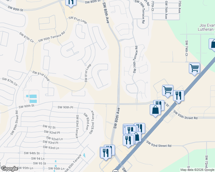map of restaurants, bars, coffee shops, grocery stores, and more near 8822 Southwest 82nd Court Road in Ocala