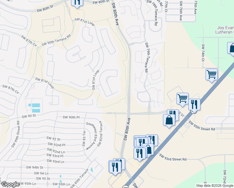 map of restaurants, bars, coffee shops, grocery stores, and more near 8822 Southwest 82nd Court Road in Ocala