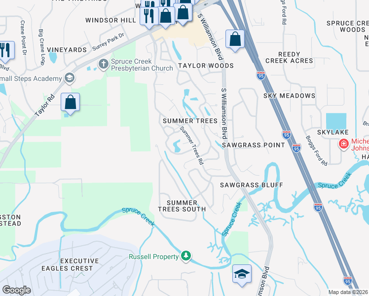 map of restaurants, bars, coffee shops, grocery stores, and more near 143 Magnolia Loop in Port Orange