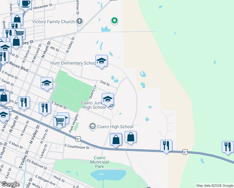 map of restaurants, bars, coffee shops, grocery stores, and more near 205 Boulder Ridge Drive in Cuero