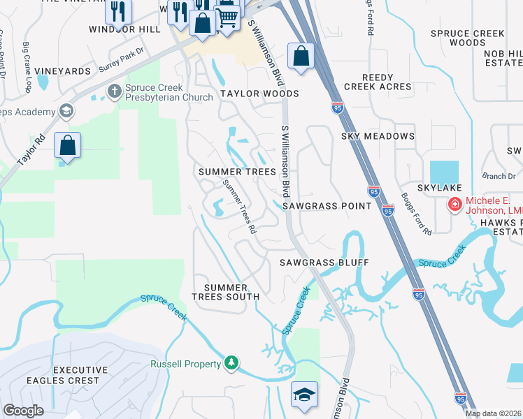 map of restaurants, bars, coffee shops, grocery stores, and more near 102 Dusk Meadow Trail in Port Orange