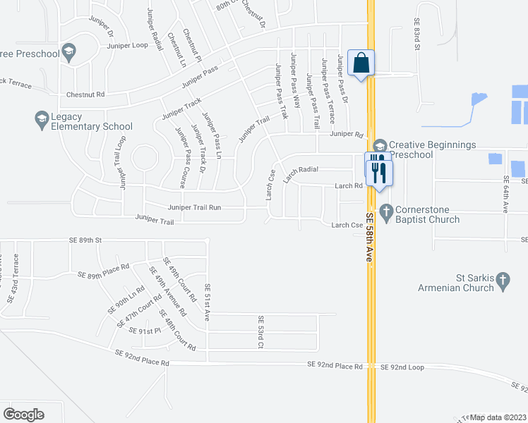 map of restaurants, bars, coffee shops, grocery stores, and more near 52 Juniper Trail in Ocala