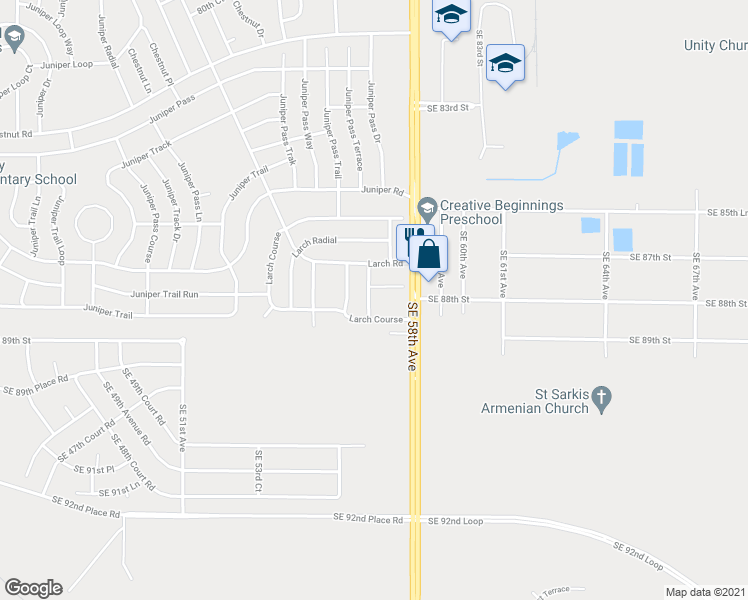 map of restaurants, bars, coffee shops, grocery stores, and more near 9 Larch Course Track in Ocala