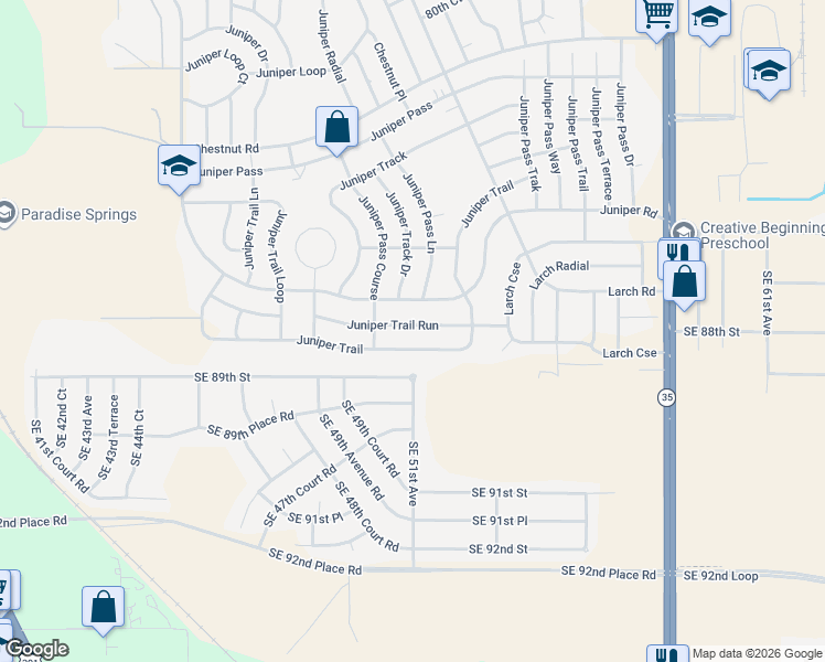 map of restaurants, bars, coffee shops, grocery stores, and more near 72 Juniper Trail in Ocala
