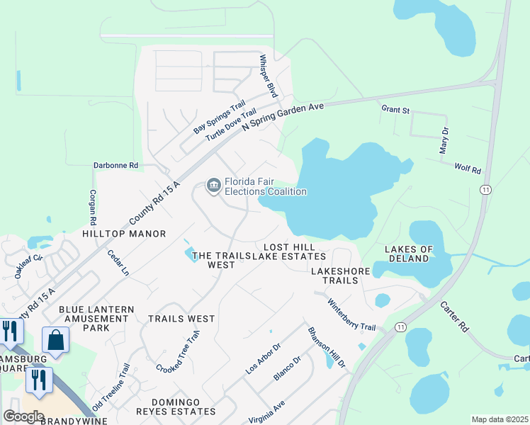map of restaurants, bars, coffee shops, grocery stores, and more near 220 Fallen Timber Trail in DeLand