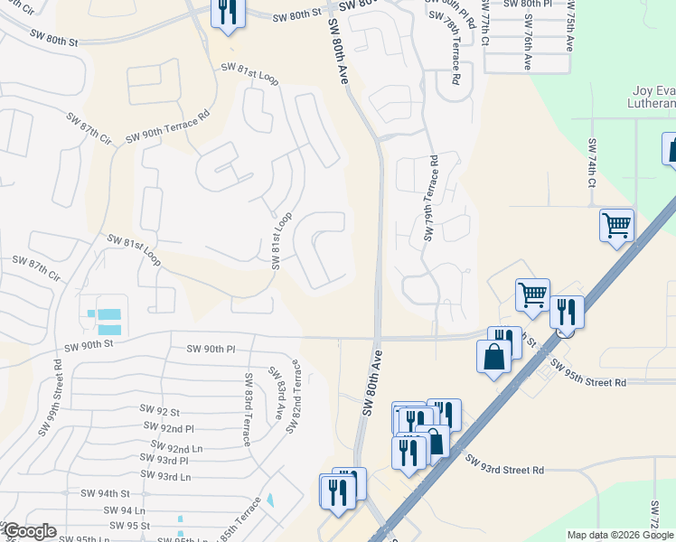 map of restaurants, bars, coffee shops, grocery stores, and more near 8827 Southwest 82nd Court Road in Ocala