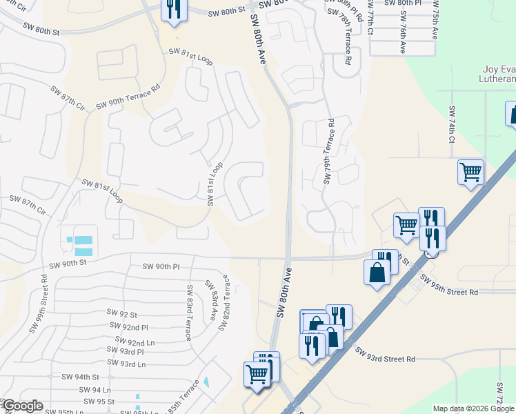 map of restaurants, bars, coffee shops, grocery stores, and more near 8827 Southwest 82nd Court Road in Ocala